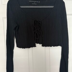 Aeropostale Black Ribbed Tie Front Crop Blouse